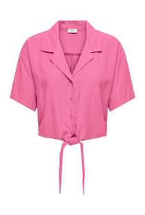 Front image of the Caya linen shortsleeve knot shirt in pink, by brand Jacqueline de yong