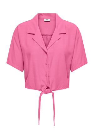 Front image of the Caya linen shortsleeve knot shirt in pink, by brand Jacqueline de yong