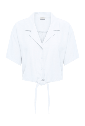 Front image of Caya linen shortsleeve knot shirt in white, by brand Jacqueline de yong