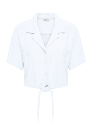 Front image of the Caya linen shortsleeve knot shirt in white, by brand Jacqueline de yong