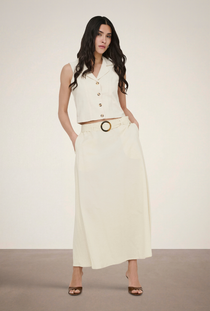 Front image of the Milan linen highwaist belted skirt in oat, by brand Jacqueline de yong
