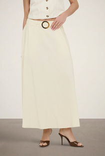 Front image of the Milan linen highwaist belted skirt in oat, by brand Jacqueline de yong