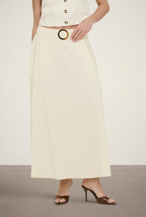 Front image of the Milan linen highwaist belted skirt in oat, by brand Jacqueline de yong