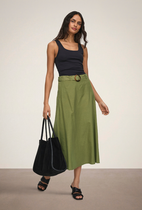 Front image of Milan linen highwaist belted skirt in olive, by brand Jacqueline de yong