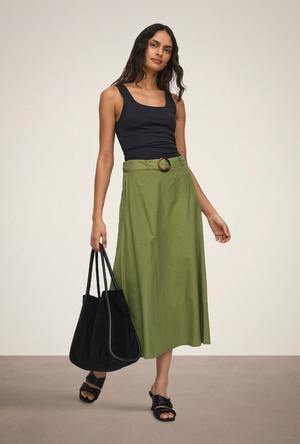 Front image of the Milan linen highwaist belted skirt in olive, by brand Jacqueline de yong