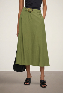 Front image of the Milan linen highwaist belted skirt in olive, by brand Jacqueline de yong