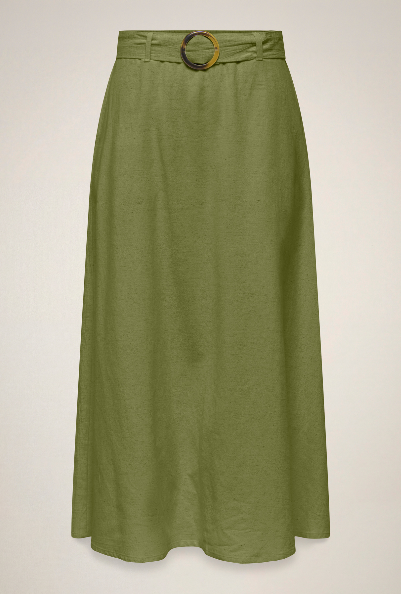 Front image of Milan linen highwaist belted skirt in olive, by brand Jacqueline de yong