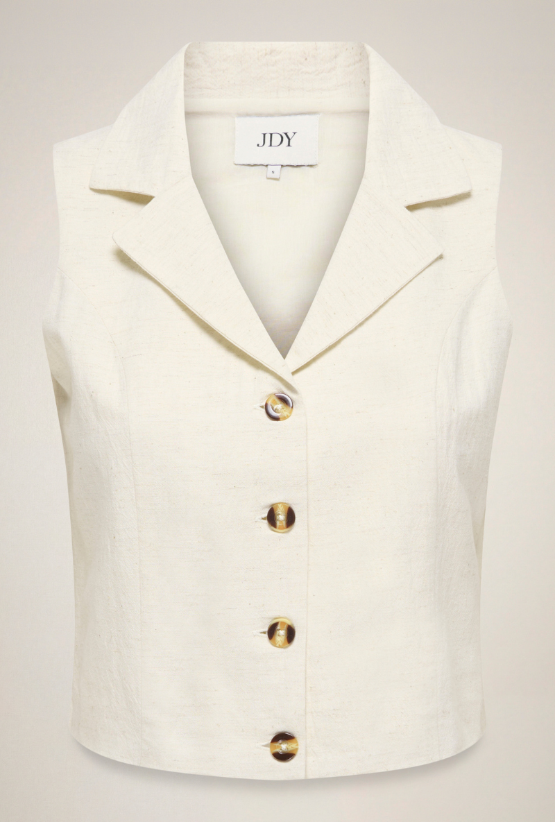 Front image of Jdy milan linen sleeveless waistcoat in oat, by brand Jacqueline de yong