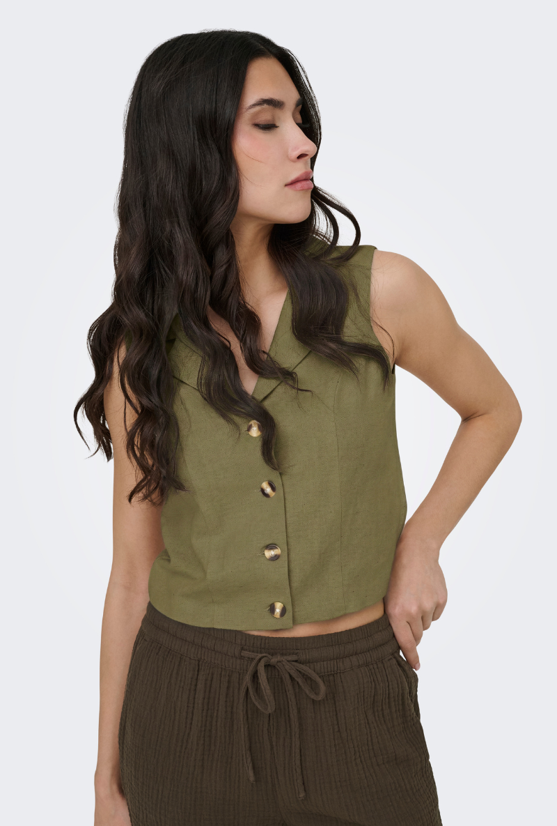 Front image of Jdy milan linen sleeveless waistcoat in olive, by brand Jacqueline de yong