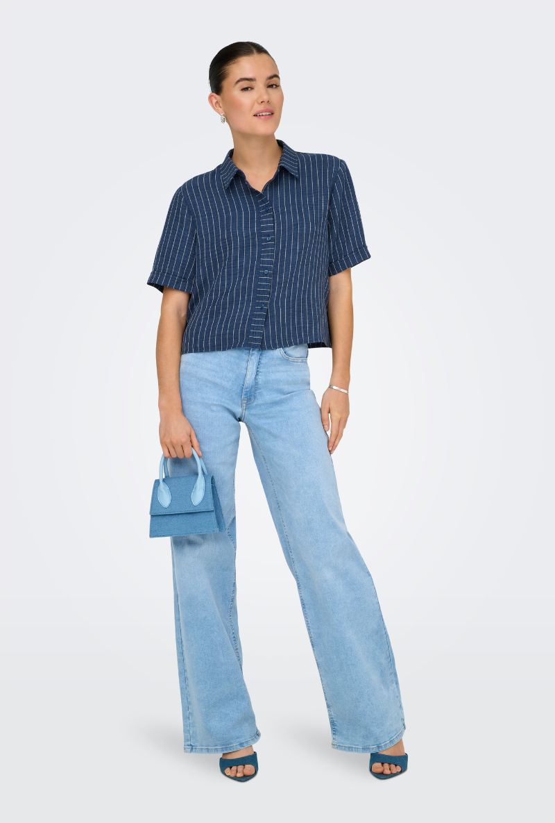 Front image of Power shortsleeve shirt in navy, by brand Jacqueline de yong
