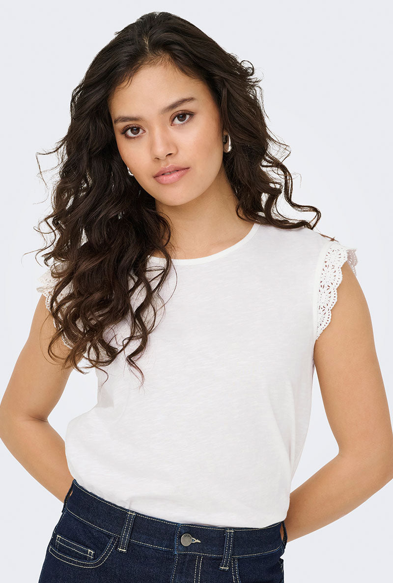 Front image of a model wearing Salva life s/l crochet top in white, by brand Jacqueline de yong