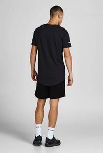 Back image of a model wearing the Gordon bradley sweat shorts in black, by brand Jack&jones