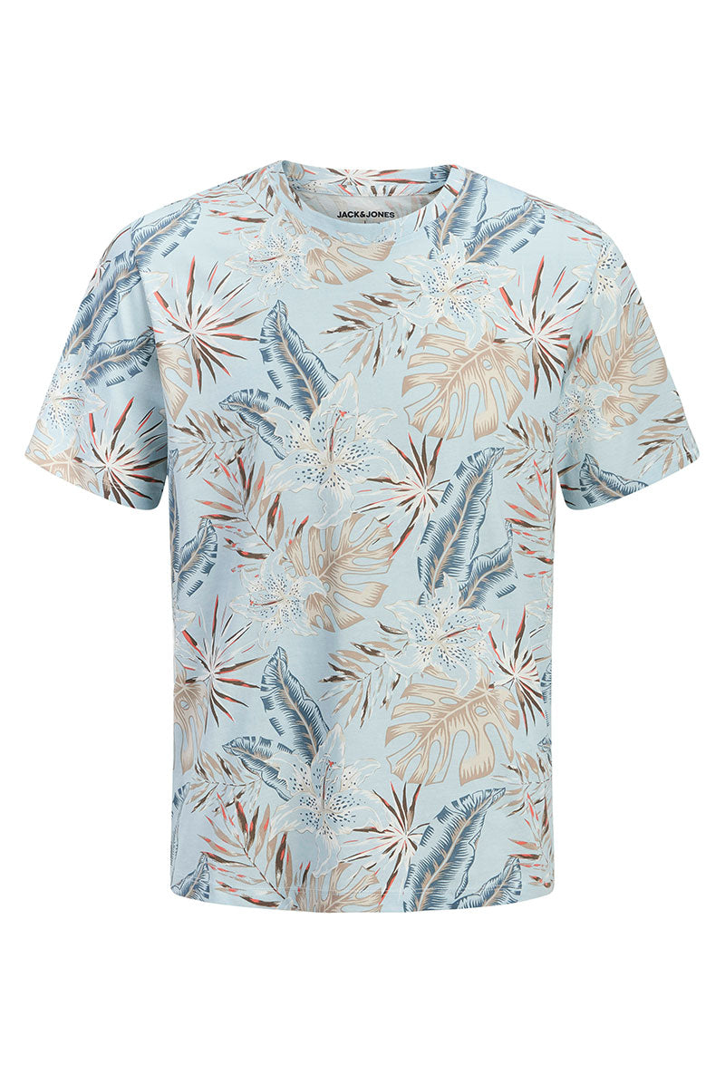 Front image of Honolulu aop ss tee in blue, by brand Jack&jones