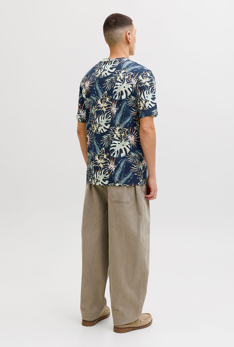 Back image of a model wearing Honolulu aop ss tee in navy, by brand Jack&jones
