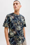 Front image of a model wearing the Honolulu aop ss tee in navy, by brand Jack&jones