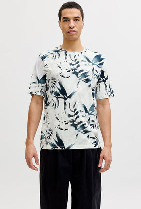 Front image of a model wearing Honolulu aop ss tee in beige, by brand Jack&jones