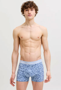 Front image of a model wearing the Jake lemon trunks in navy, by brand Jack&jones