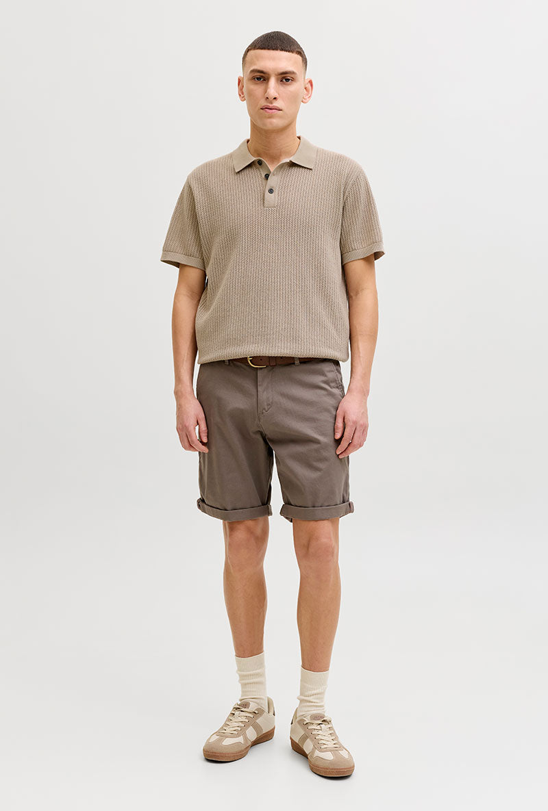 Front image of a model wearing Jess knit polo in stone, by brand Jack&jones