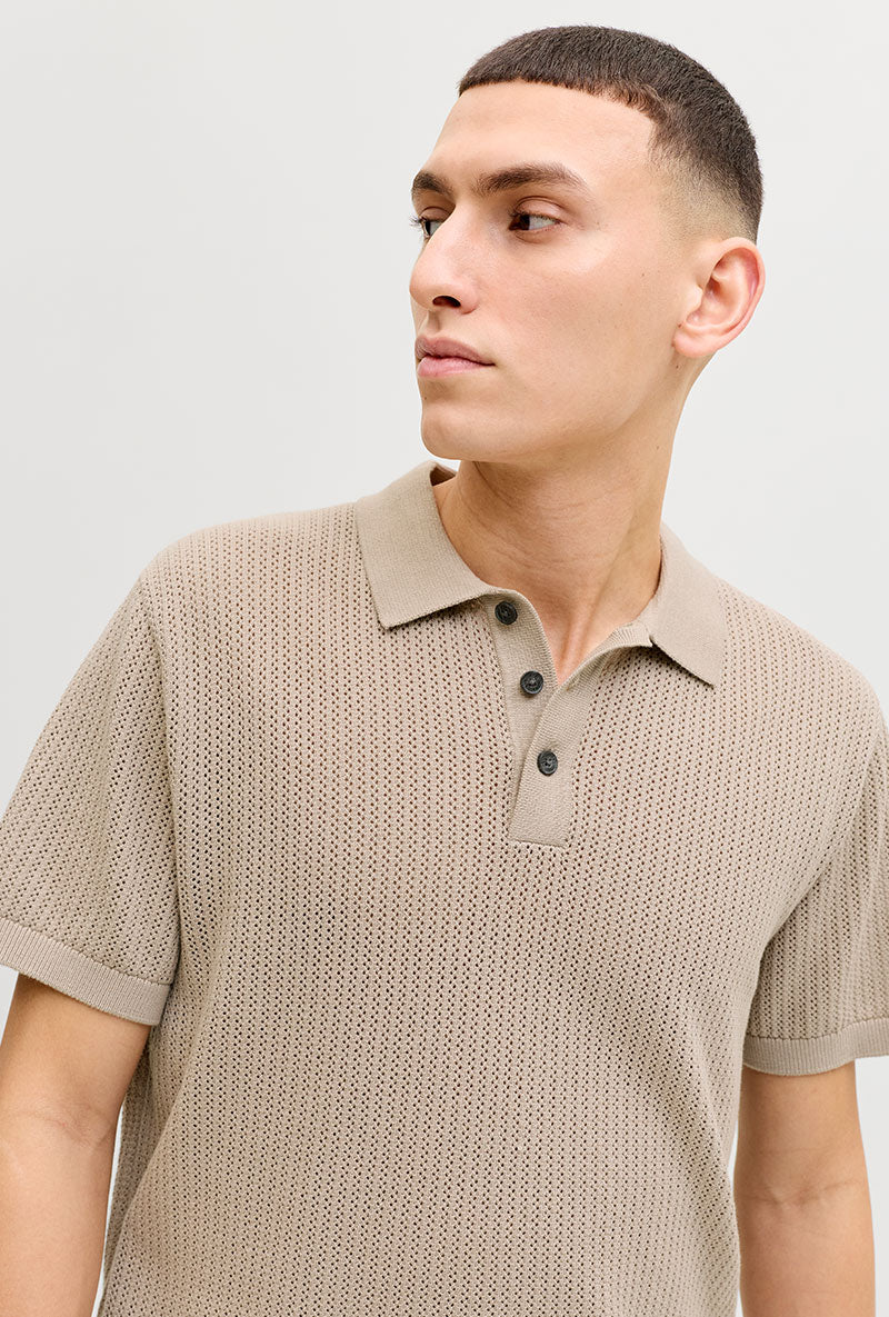 Front image of a model wearing Jess knit polo in stone, by brand Jack&jones