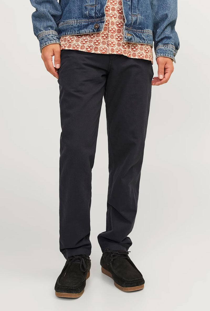 Front image of a model wearing Jack and jones tace linen blend trousers in black, by brand Jack&jones