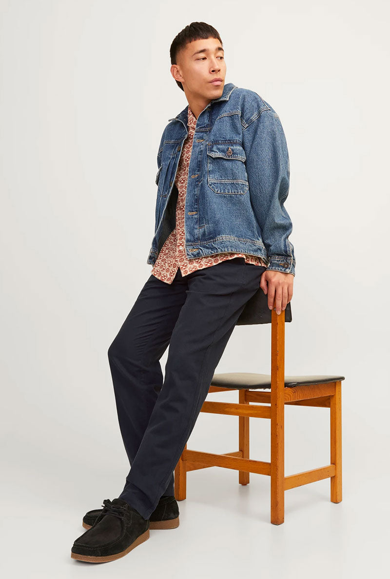 Front image of a model wearing Jack and jones tace linen blend trousers in black, by brand Jack&jones