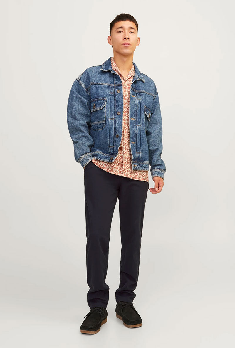 Front image of a model wearing Jack and jones tace linen blend trousers in black, by brand Jack&jones
