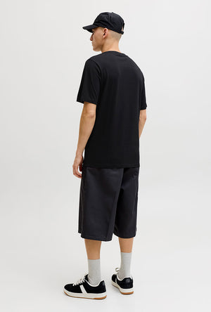 Back image of a model wearing the Indiana tee ss crew neck in black, by brand Jack&jones