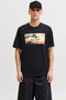 Front image of a model wearing Indiana tee ss crew neck in black, by brand Jack&jones