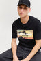 Front image of a model wearing the Indiana tee ss crew neck in black, by brand Jack&jones