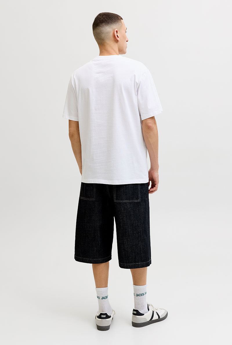 Back image of a model wearing Indiana tee ss crew neck in white, by brand Jack&jones