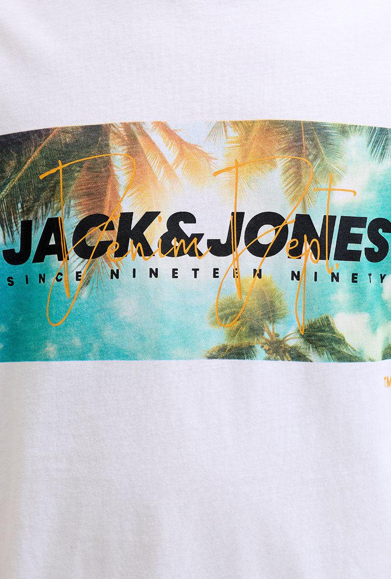 Front image of Indiana tee ss crew neck in white, by brand Jack&jones