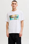 Front image of a model wearing Indiana tee ss crew neck in white, by brand Jack&jones
