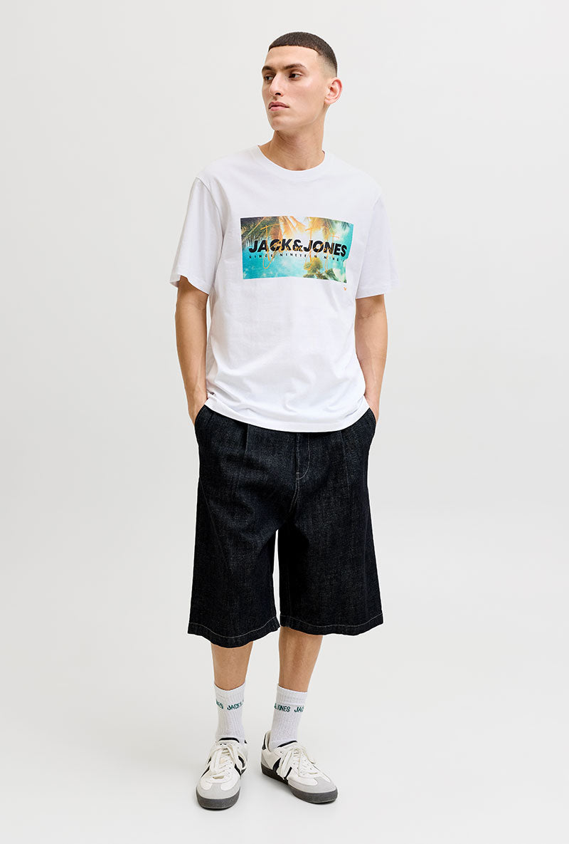 Front image of a model wearing Indiana tee ss crew neck in white, by brand Jack&jones