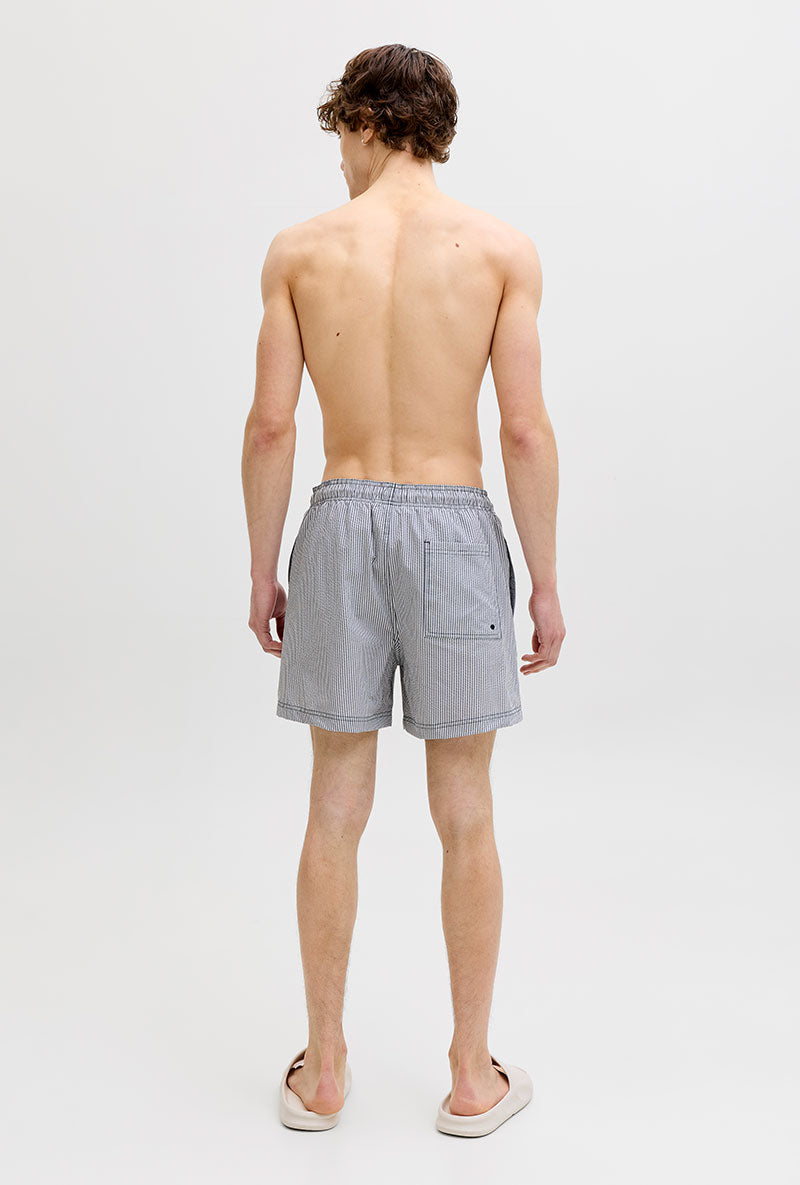 Back image of a model wearing Maui ocean seersucker swimshorts in navy, by brand Jack&jones