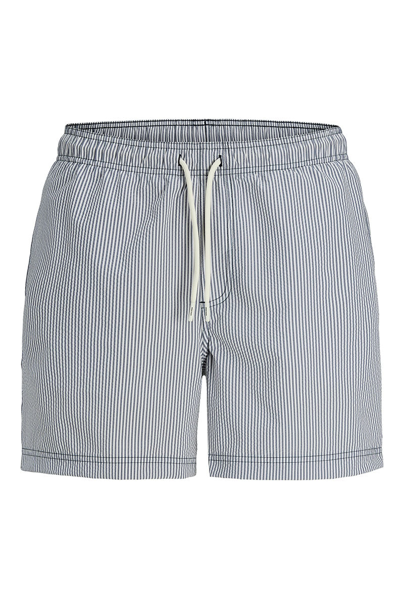 Front image of Maui ocean seersucker swimshorts in navy, by brand Jack&jones
