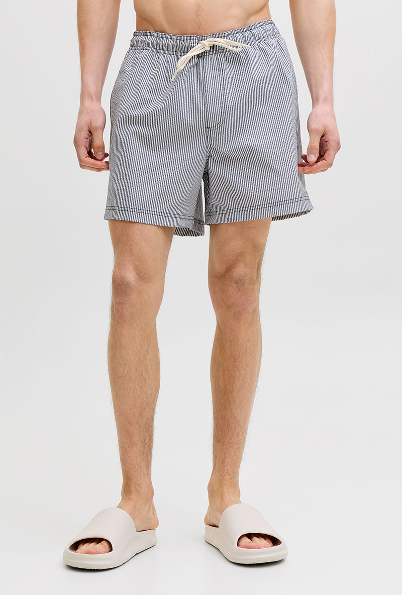 Front image of a model wearing Maui ocean seersucker swimshorts in navy, by brand Jack&jones