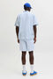 Back image of a model wearing the Milo seersucker resort shirt in light blue, by brand Jack&jones
