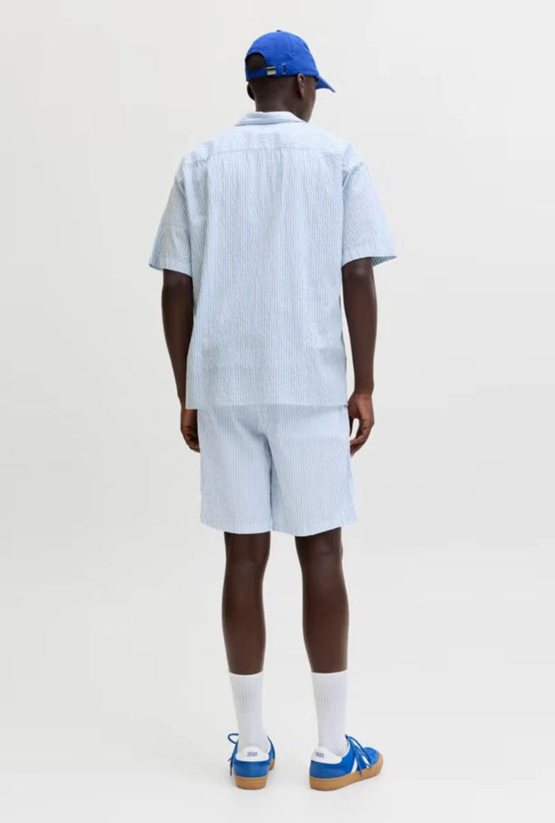 Back image of a model wearing Milo seersucker resort shirt in light blue, by brand Jack&jones
