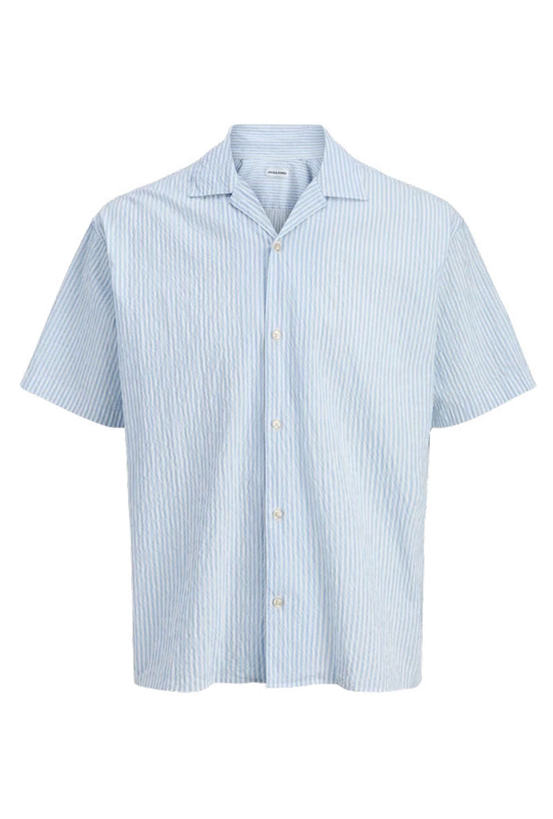 Front image of Milo seersucker resort shirt in light blue, by brand Jack&jones
