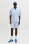 Front image of a model wearing the Milo seersucker resort shirt in light blue, by brand Jack&jones