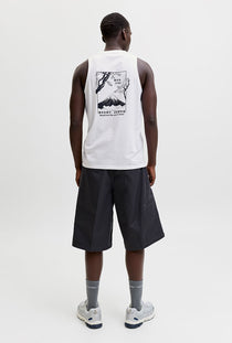 Back image of a model wearing the Sunset back print sleeveless tshirt in white, by brand Jack&jones