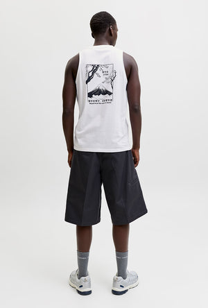 Back image of a model wearing the Sunset back print sleeveless tshirt in white, by brand Jack&jones