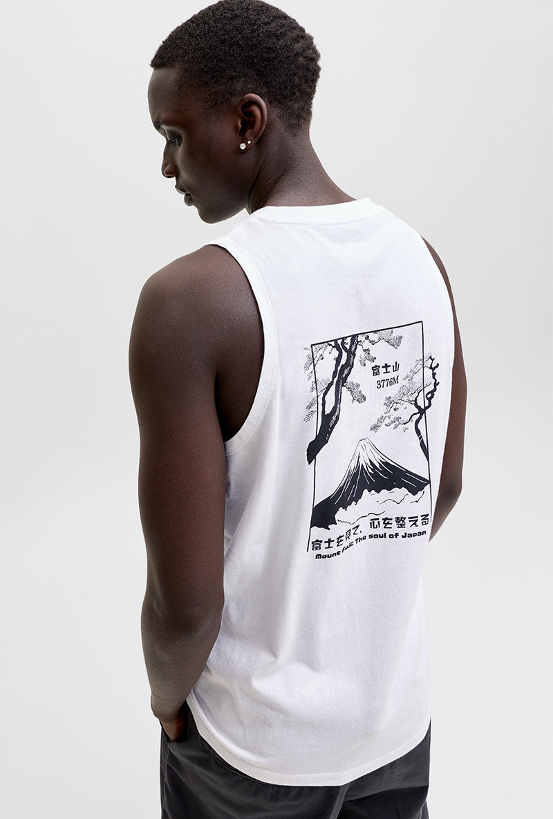 Back image of a model wearing Sunset back print sleeveless tshirt in white, by brand Jack&jones