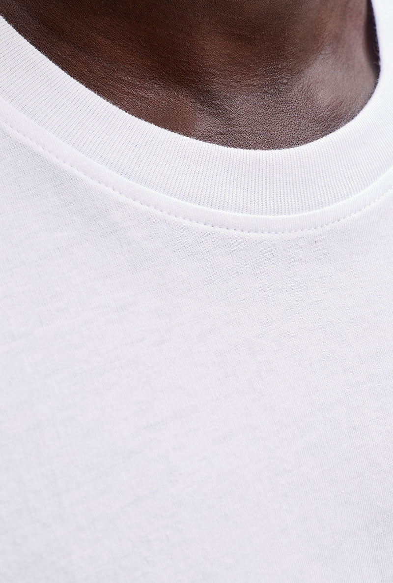 Front neck image of a model wearing Sunset back print sleeveless tshirt in white, by brand Jack&jones