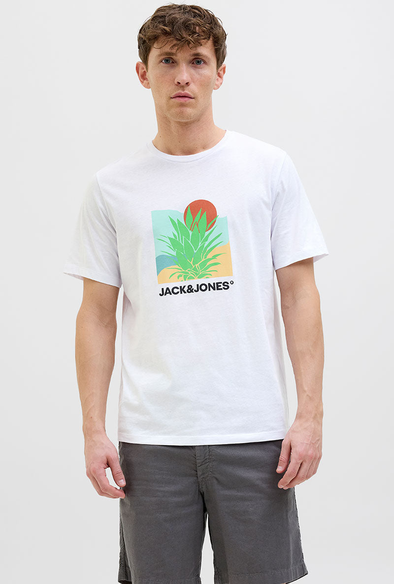 Front image of a model wearing Jack and jones barbados tee in white, by brand Jack&jones