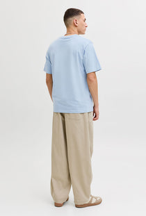 Back image of a model wearing the Blu alex ss tee in light blue, by brand Jack&jones