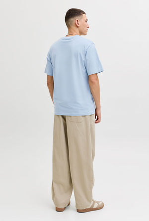 Back image of a model wearing the Blu alex ss tee in light blue, by brand Jack&jones