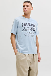 Front image of a model wearing the Blu alex ss tee in light blue, by brand Jack&jones