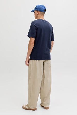 Back image of model wearing the Blu alex ss tee in navy, by brand Jack&jones