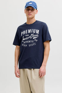 Front image of model wearing the Blu alex ss tee in navy, by brand Jack&jones